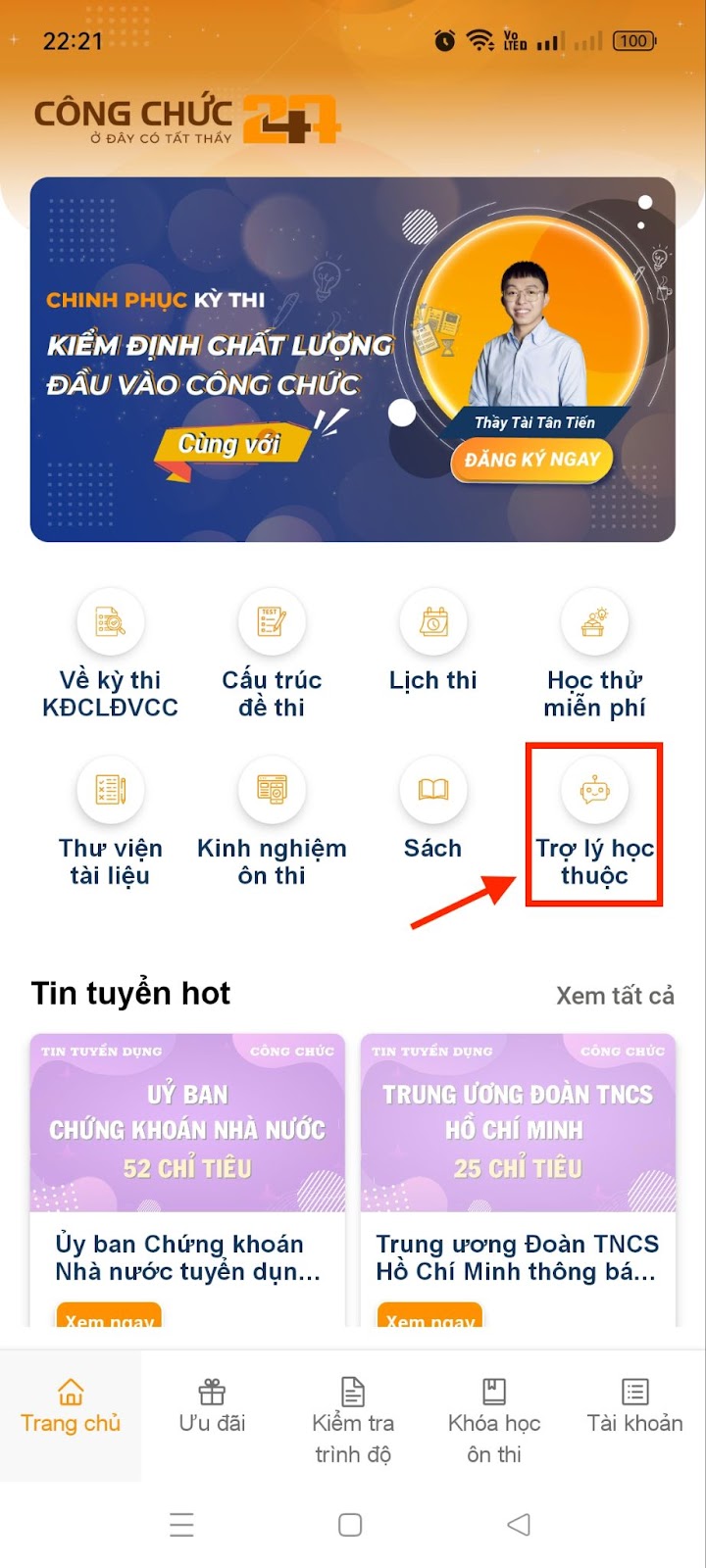 Bước 4: Mở tính năng trợ lý học thuộc