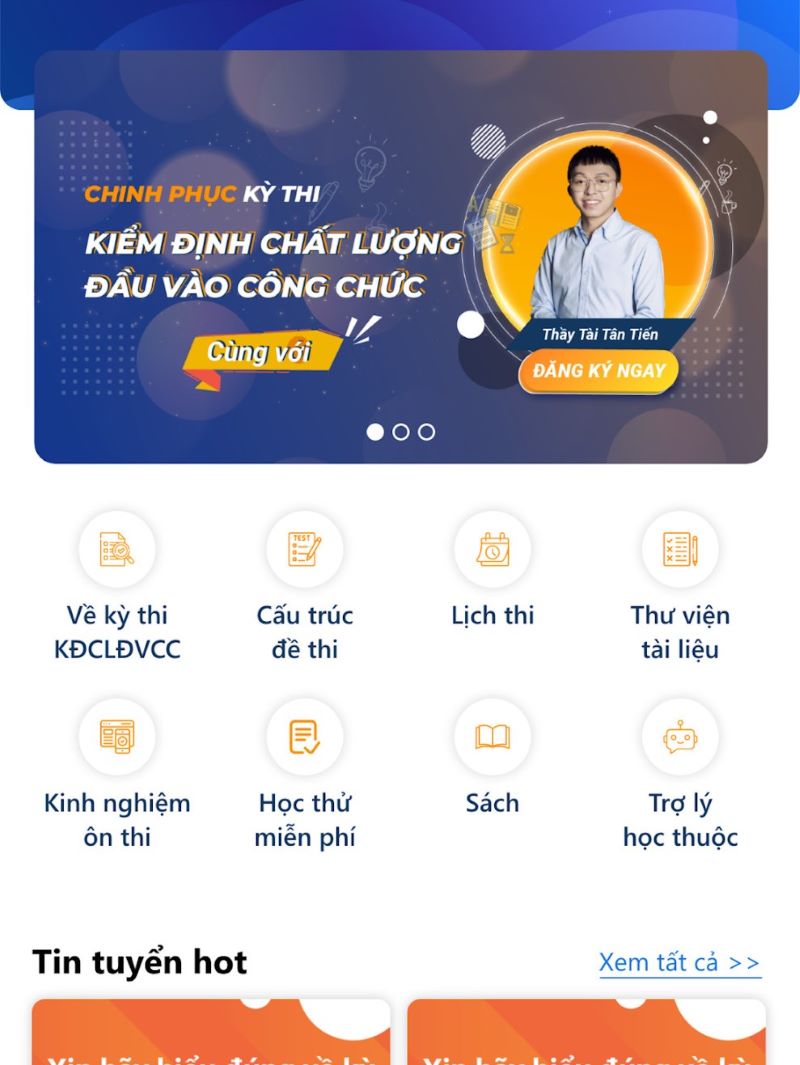 Giao diện bên trong app Kiểm định công chức của Công chức 247